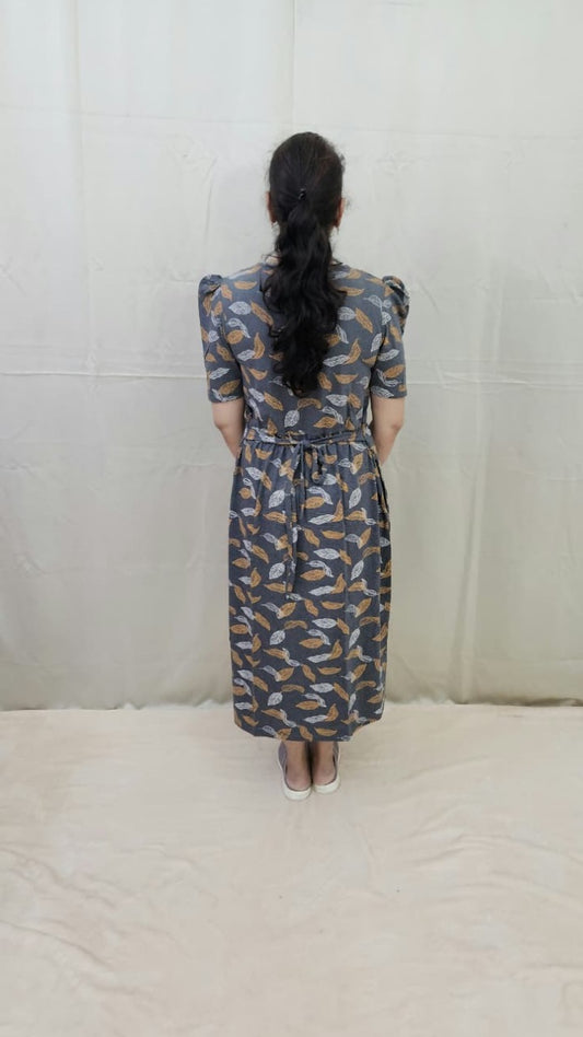 Grey Leaf Print Calf Length Maternity Dress