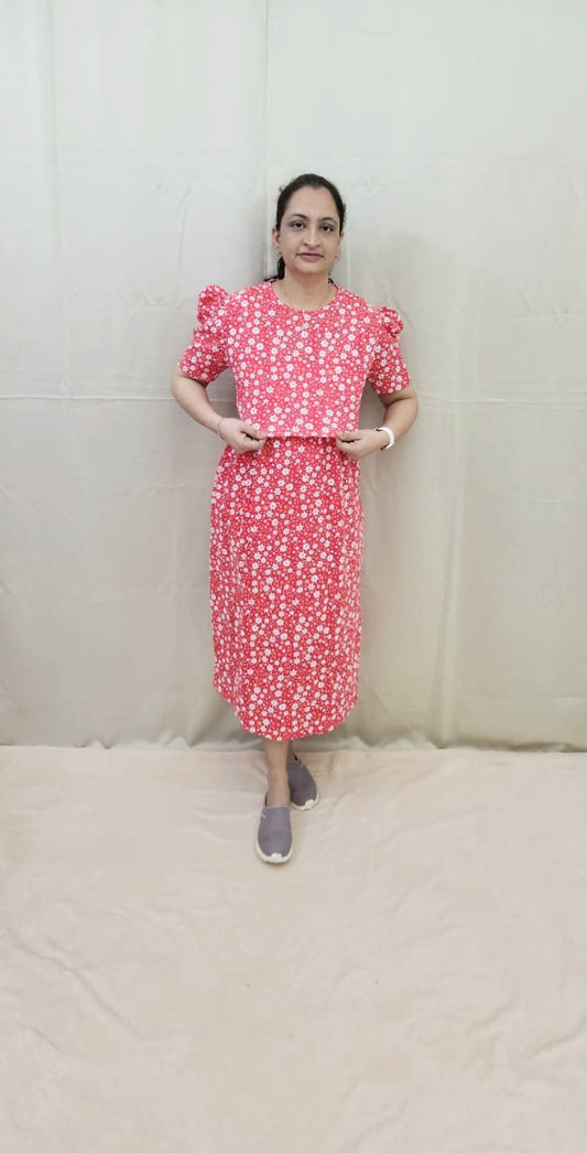 Red floral Print Calf Length Maternity Dress