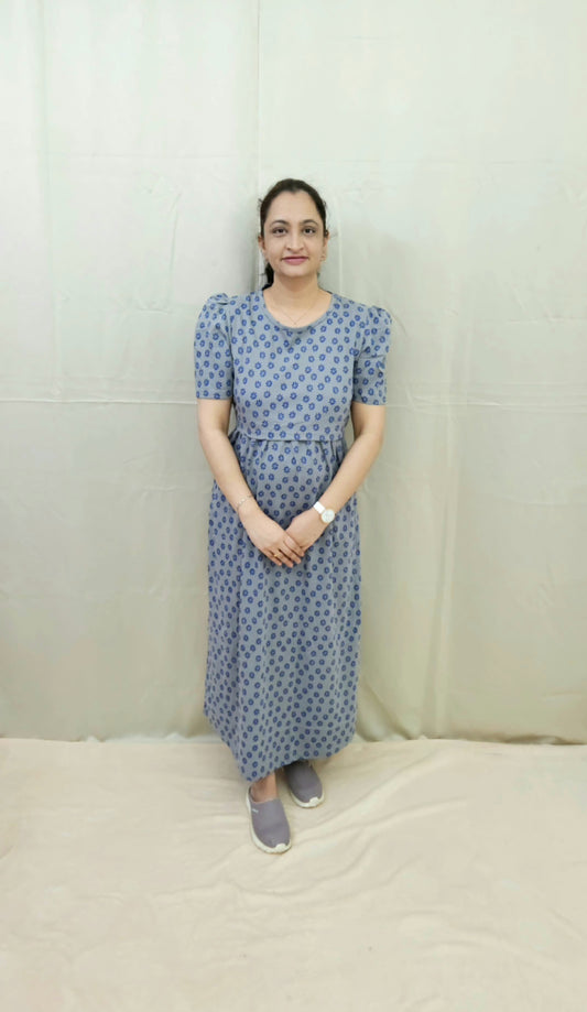 Grey and Blue Floral Zipless Maternity Maxi