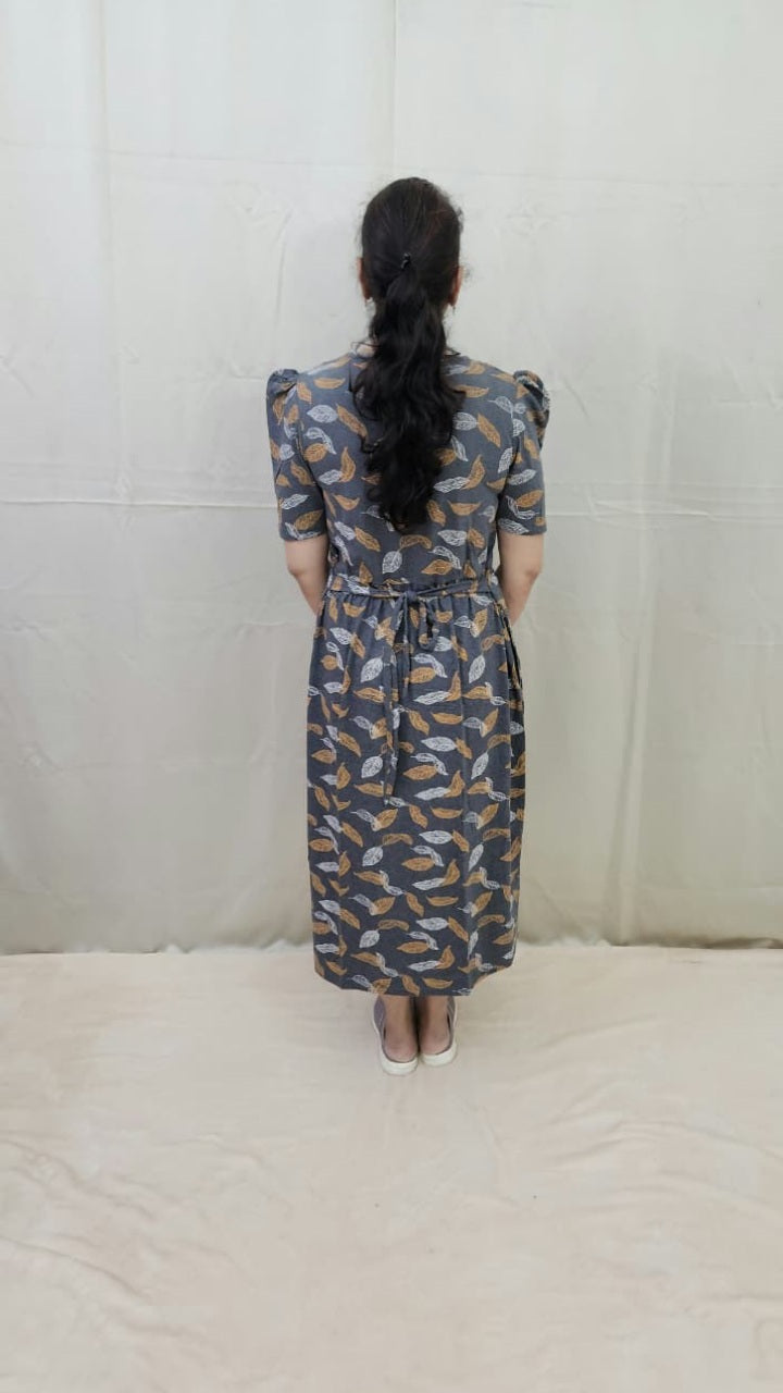 Grey Leaf Print Calf Length Maternity Dress