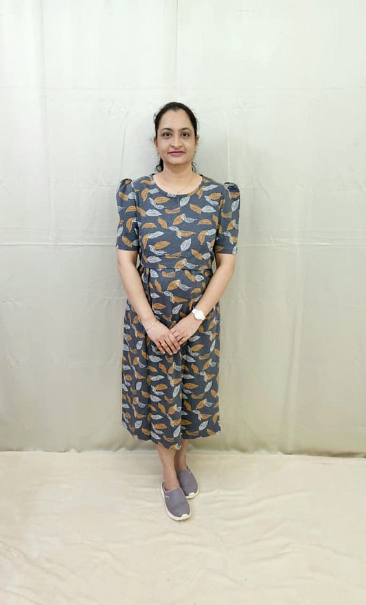 Grey Leaf Print Calf Length Maternity Dress