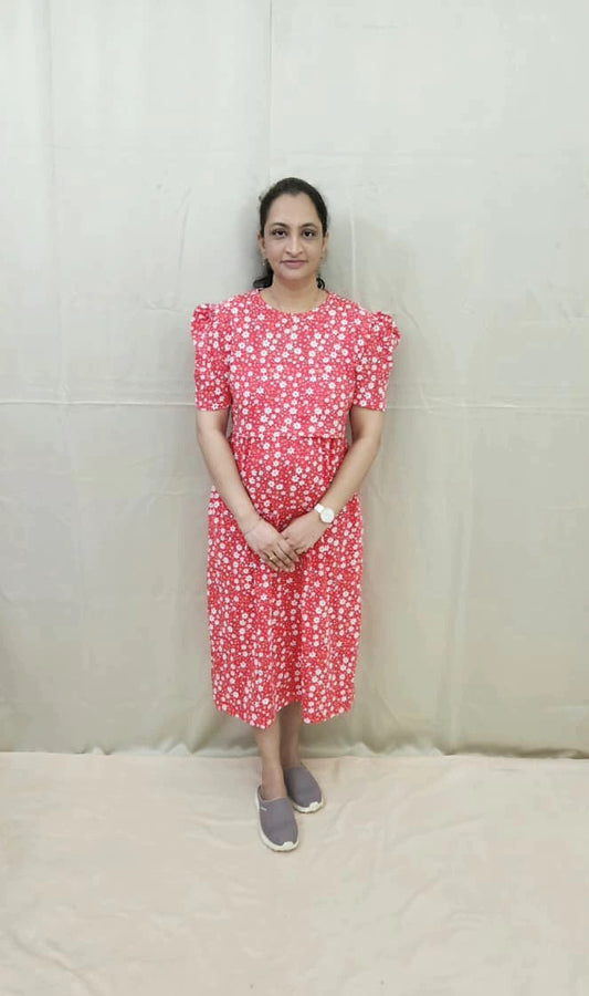 Red floral Print Calf Length Maternity Dress