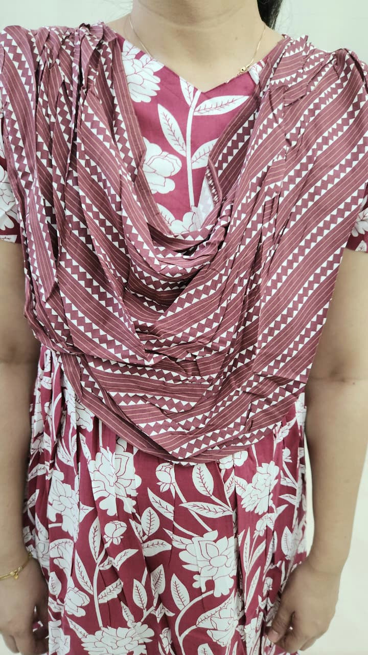 Brown and White Floral Feeding Kurti with Dupatta