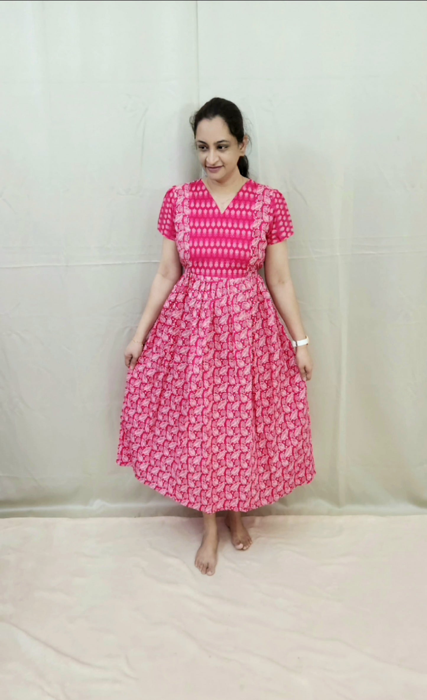 Pink and White PolyCotton Feeding Kurti