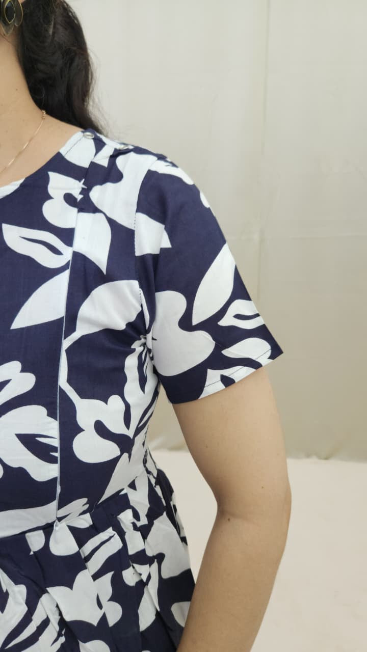 Navy Blue and White Feeding Frock with Detachable Cape