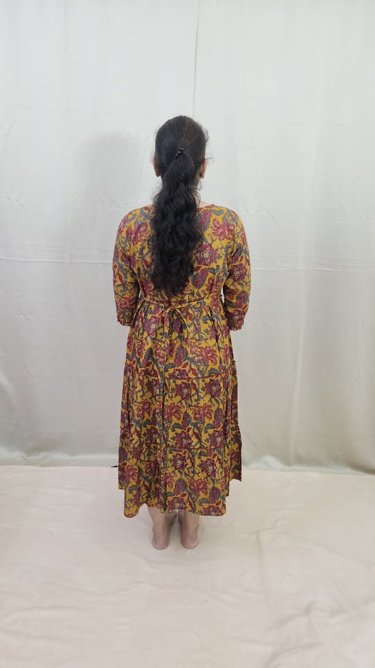 Mustard Yellow 3-Tier Jaipur Hand Block Print Cotton Maternity Dress