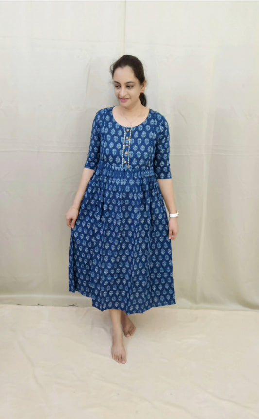 Blue and White Block print Feeding Kurti