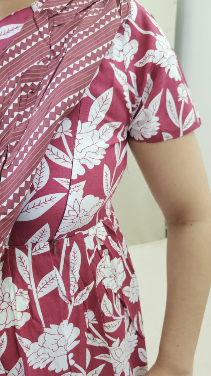 Brown and White Floral Feeding Kurti with Dupatta