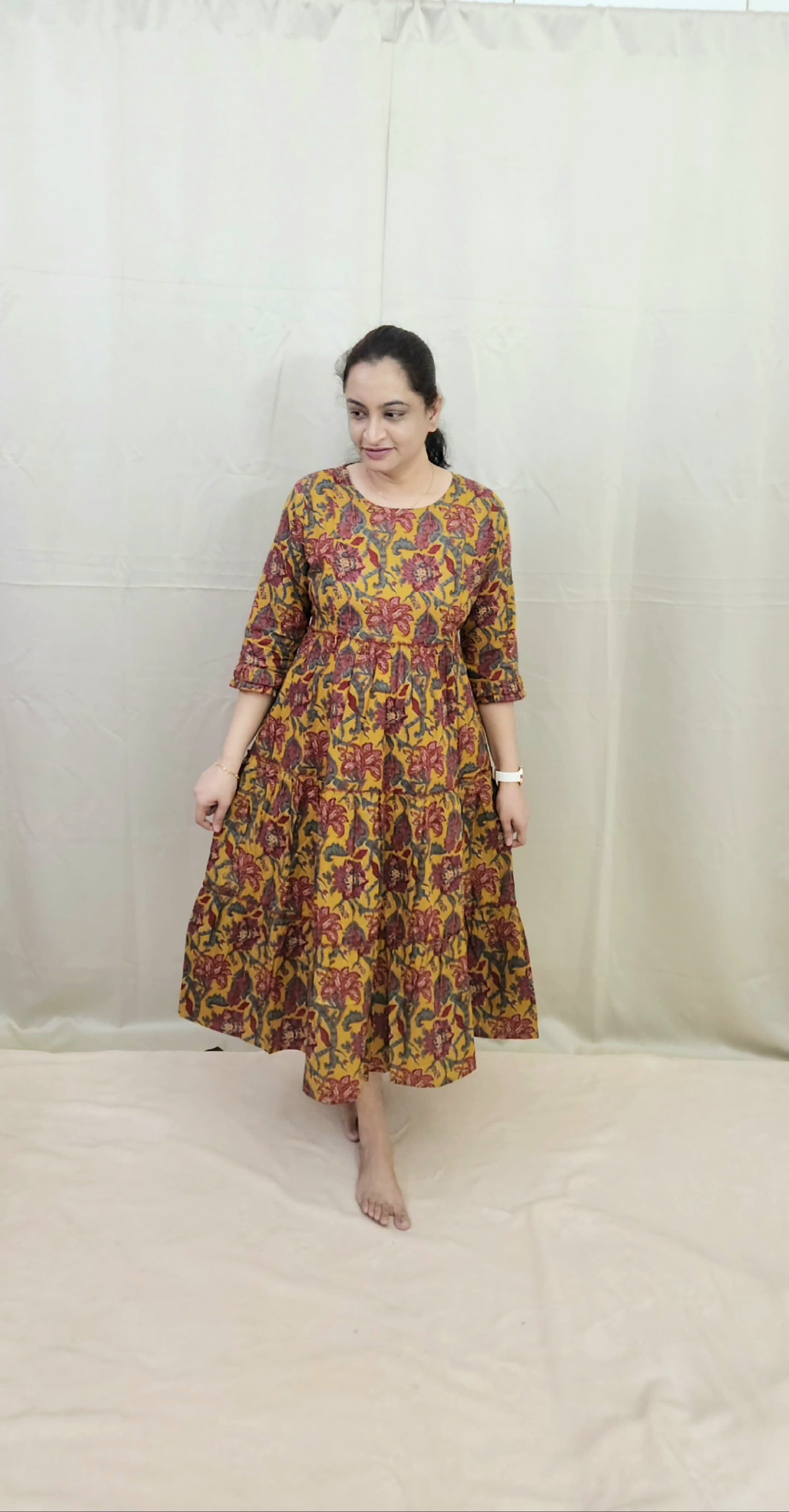 Mustard Yellow 3-Tier Jaipur Hand Block Print Cotton Maternity Dress