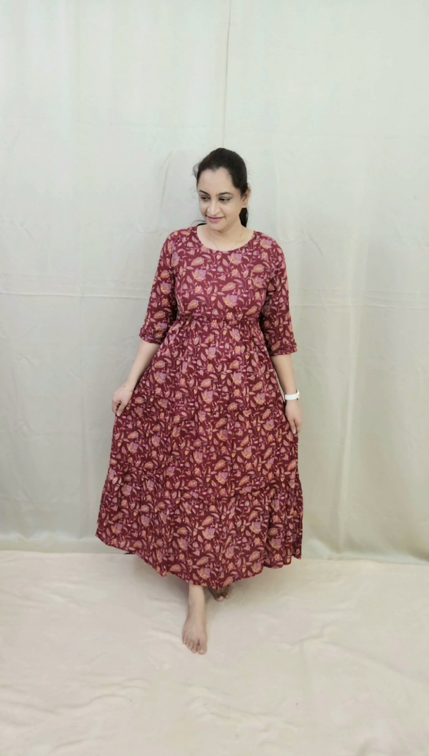 Maroon 3-Tier Jaipur Hand Block Print Cotton Maternity Dress
