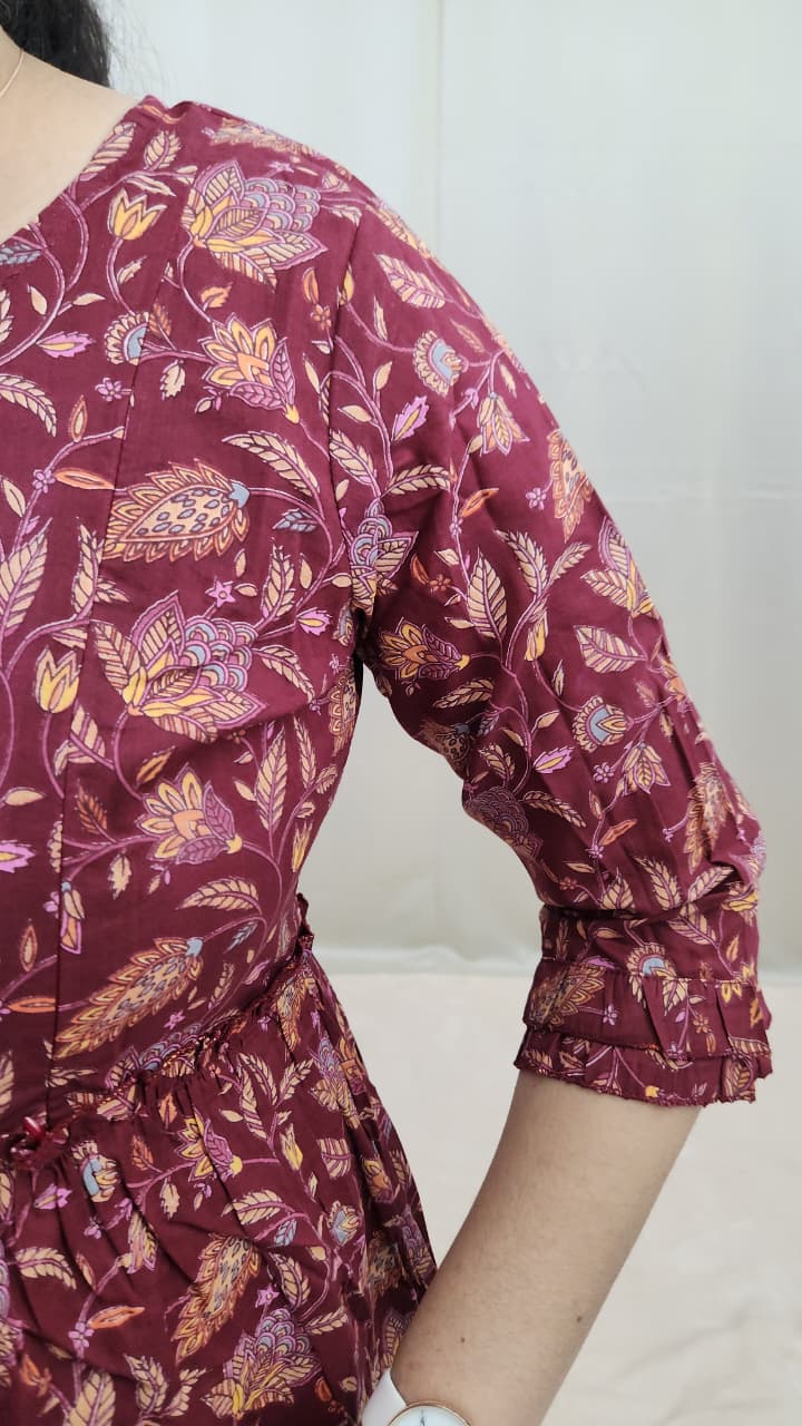 Maroon 3-Tier Jaipur Hand Block Print Cotton Maternity Dress