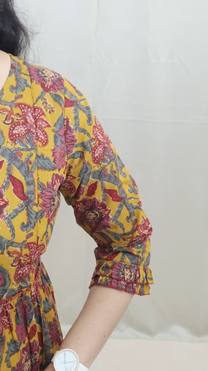 Mustard Yellow 3-Tier Jaipur Hand Block Print Cotton Maternity Dress