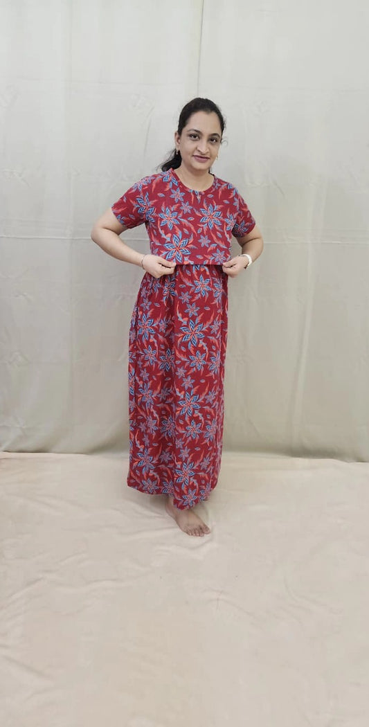 Maroon Floral Zipless Maternity Maxi