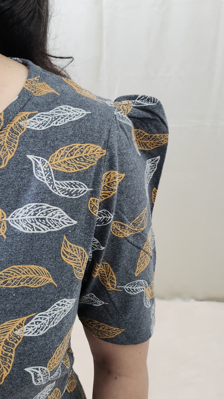 Grey Leaf Print Calf Length Maternity Dress