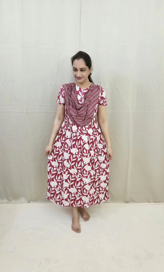 Brown and White Floral Feeding Kurti with Dupatta
