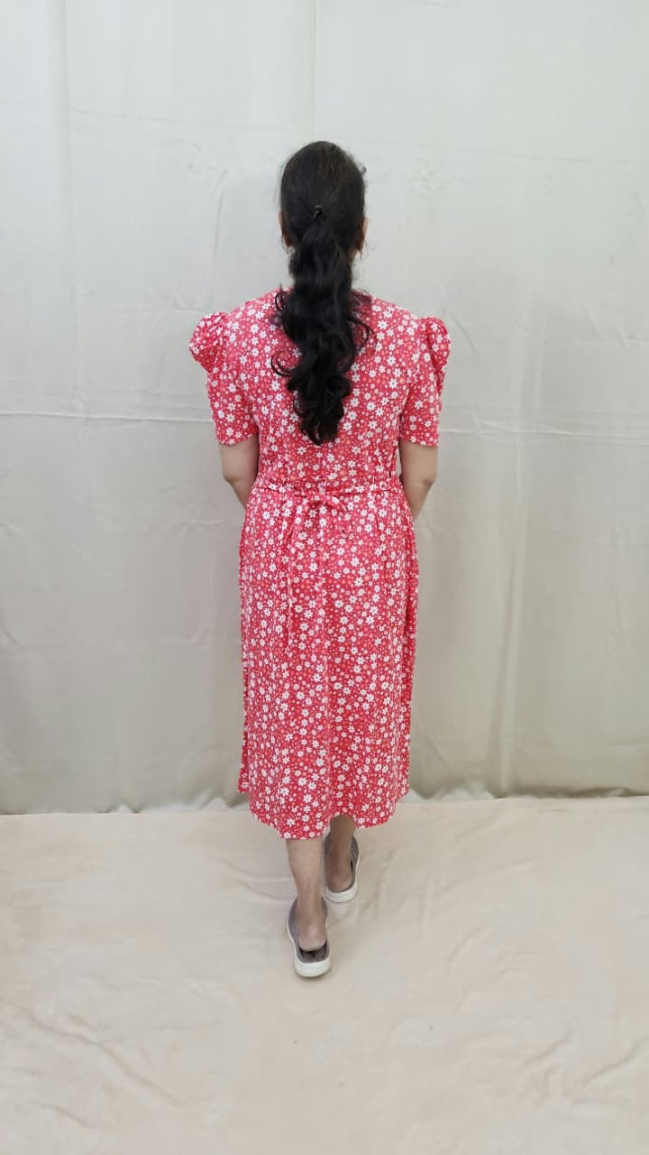 Red floral Print Calf Length Maternity Dress